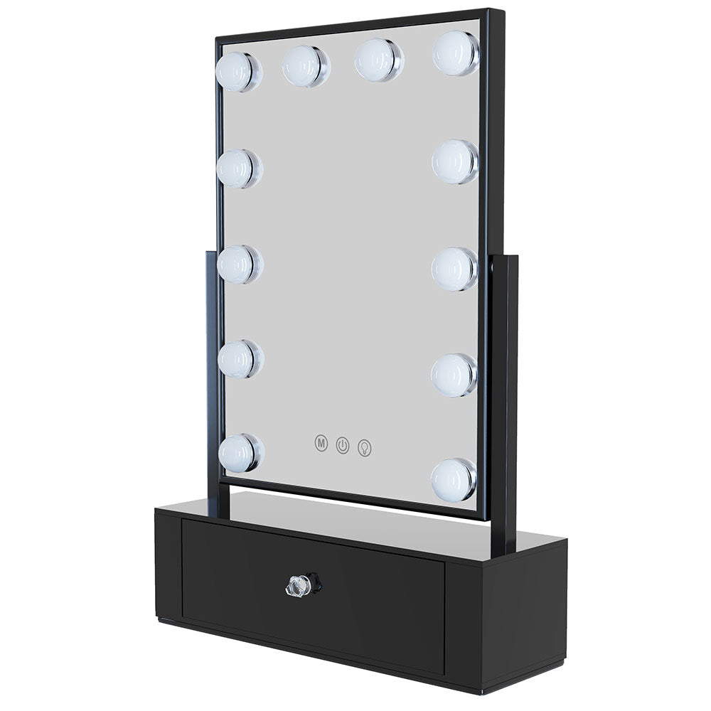 One Products Table Top Vanity Mirror With Storage Drawer & LED Lighting in Black (OPCM002D)