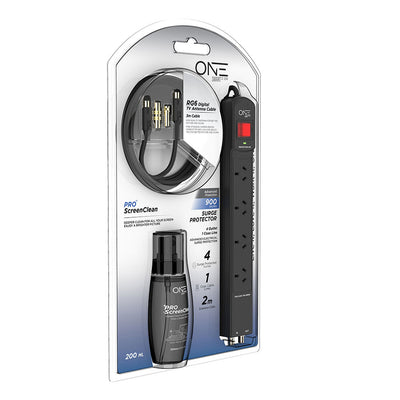 One Products 4 Outlet Power Board, Antenna Cable & ScreenClean Bundle Pack (OPCSK400)