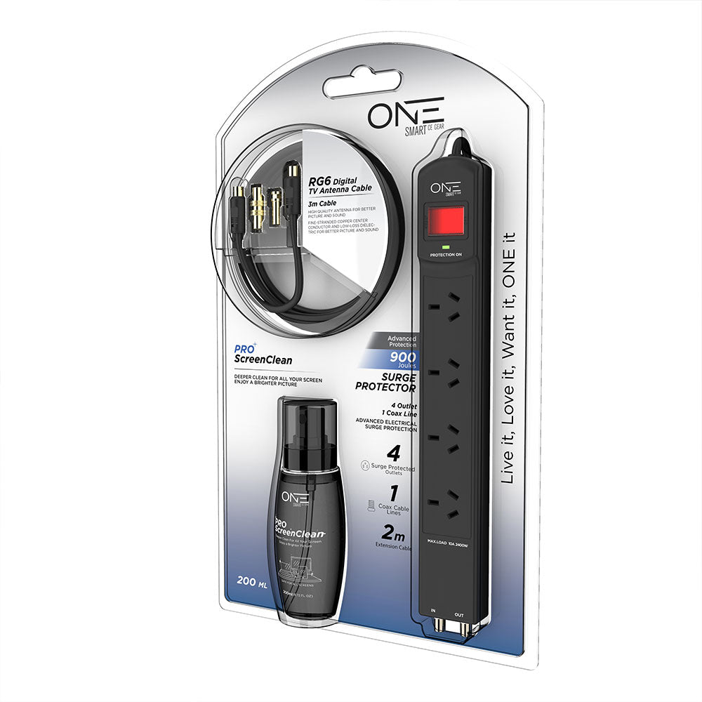 One Products 4 Outlet Power Board, Antenna Cable & ScreenClean Bundle Pack (OPCSK400)